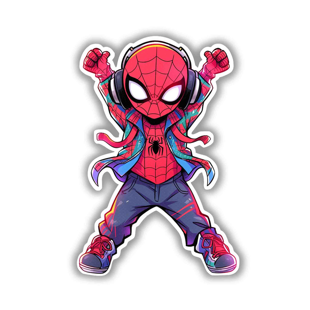 CHIBI SPIDER - MAN DANCING WITH HEADPHONES STICKER - stickyfunk premium stickers