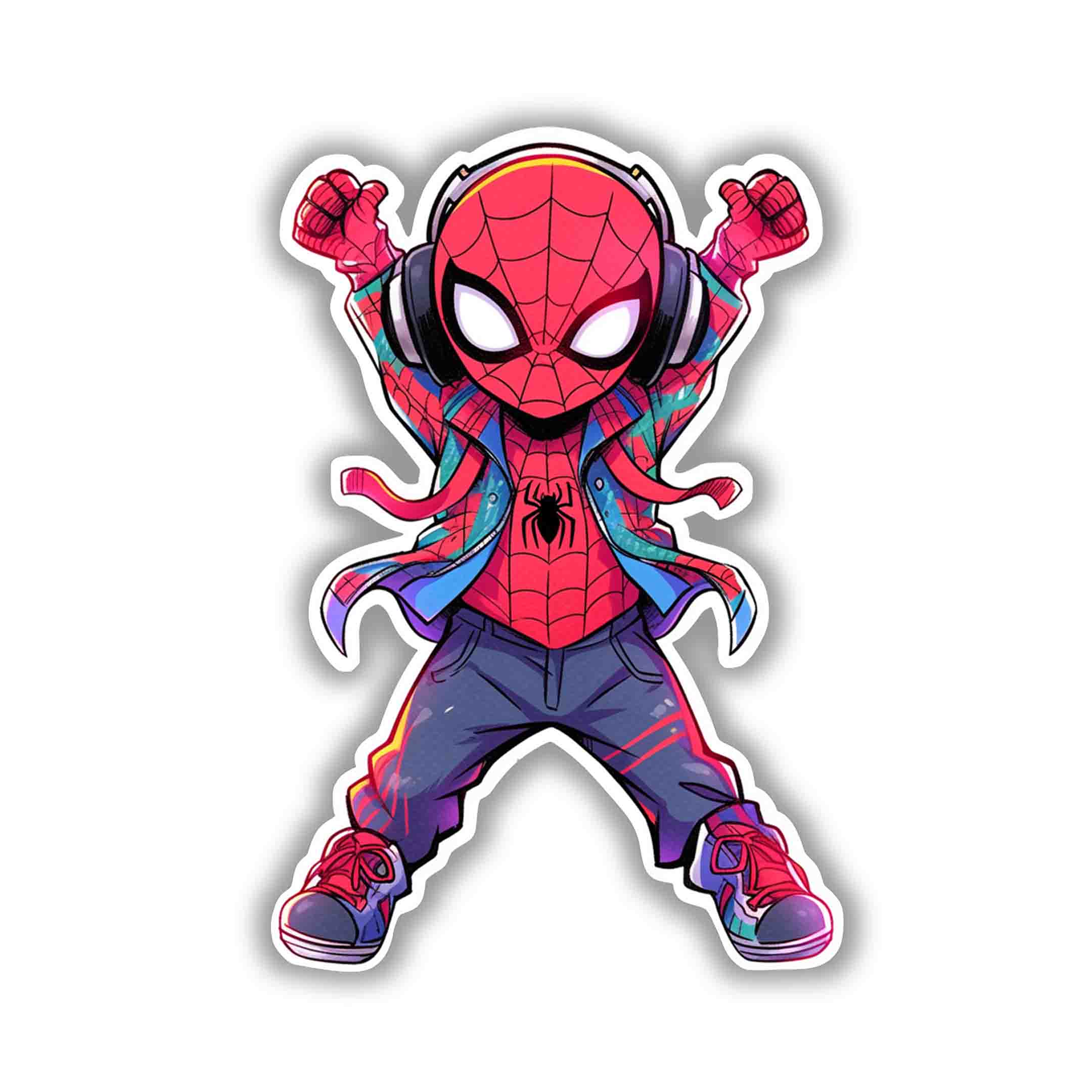 CHIBI SPIDER - MAN DANCING WITH HEADPHONES STICKER - stickyfunk premium stickers