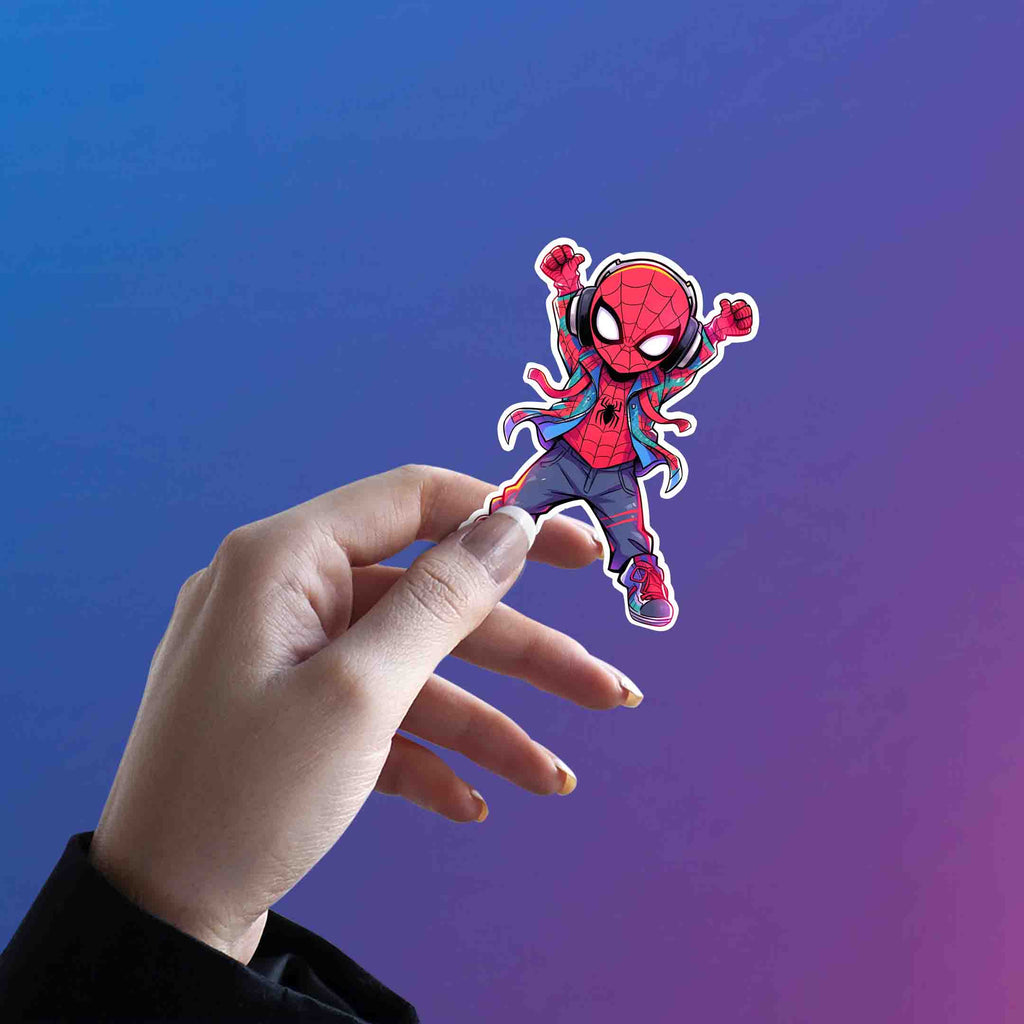 CHIBI SPIDER - MAN DANCING WITH HEADPHONES STICKER - stickyfunk premium stickers
