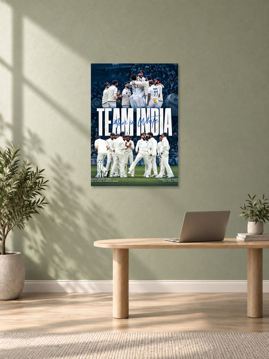 Team India Men in White Test cricket wall poster mockup